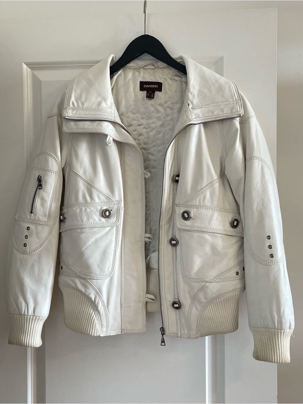 Vintage Danier White Leather Bomber Jacket with Button Accents